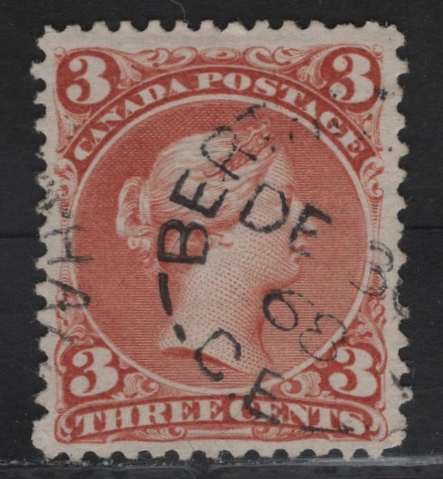 Lot 194 (C) Canada #23 3c Venetian Red Queen Victoria, 1868-1876 Large Queen Issue, A Fine Used Single, Paper FO-S, 1 Pulled Perf & 1 Short Perf, But Lovely Centering & Dec. 30 1868 Cancel.