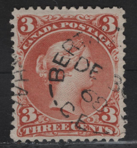 Lot 194 (C) Canada #23 3c Venetian Red Queen Victoria, 1868-1876 Large Queen Issue, A Fine Used Single, Paper FO-S, 1 Pulled Perf & 1 Short Perf, But Lovely Centering & Dec. 30 1868 Cancel.
