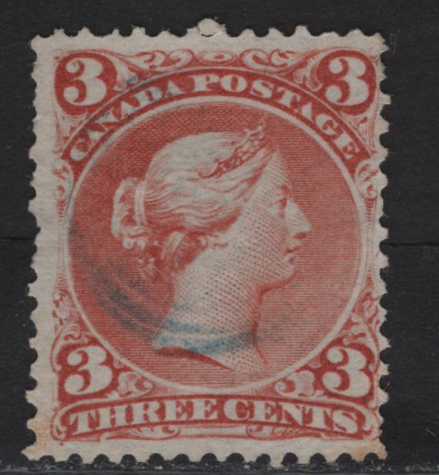 Lot 195 (C) Canada #25b 3c Pale Copper Red Queen Victoria, 1868-1876 Large Queen Issue, A Very Good Used Single, Very Thin Transparent Paper (FO-T), Very Scarce Variant Of Duckworth Paper 2, Several Short Perfs.