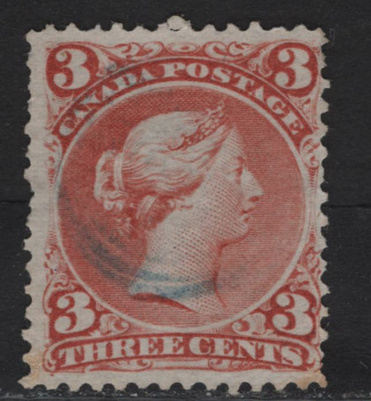 Lot 195 (C) Canada #25b 3c Pale Copper Red Queen Victoria, 1868-1876 Large Queen Issue, A Very Good Used Single, Very Thin Transparent Paper (FO-T), Very Scarce Variant Of Duckworth Paper 2, Several Short Perfs.