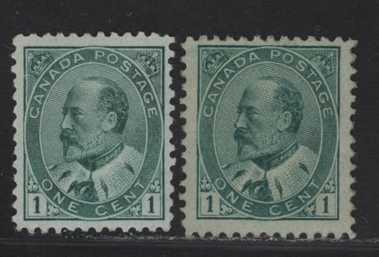Lot 201 (C) Canada #89iii 1c Blue Green King Edward VII, 1903-1908 King Edward VII Issue, 2 Fine/Very Good Regummed Singles, Two Shades, Paper Types ABN-A & ABN-B, Both Professionally Regummed To Appear NH.