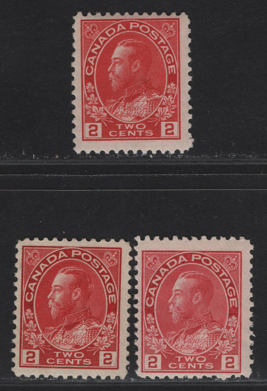 Lot 203 (C) Canada #106, 106vii, 106b 2c Carmine, Pink & Red King George V, 1911-1925 Admiral Issue, 3 FNH Singles, Retouched & Normal Framelines, ABN-C, ABN-B & ABN-D Paper/Gums