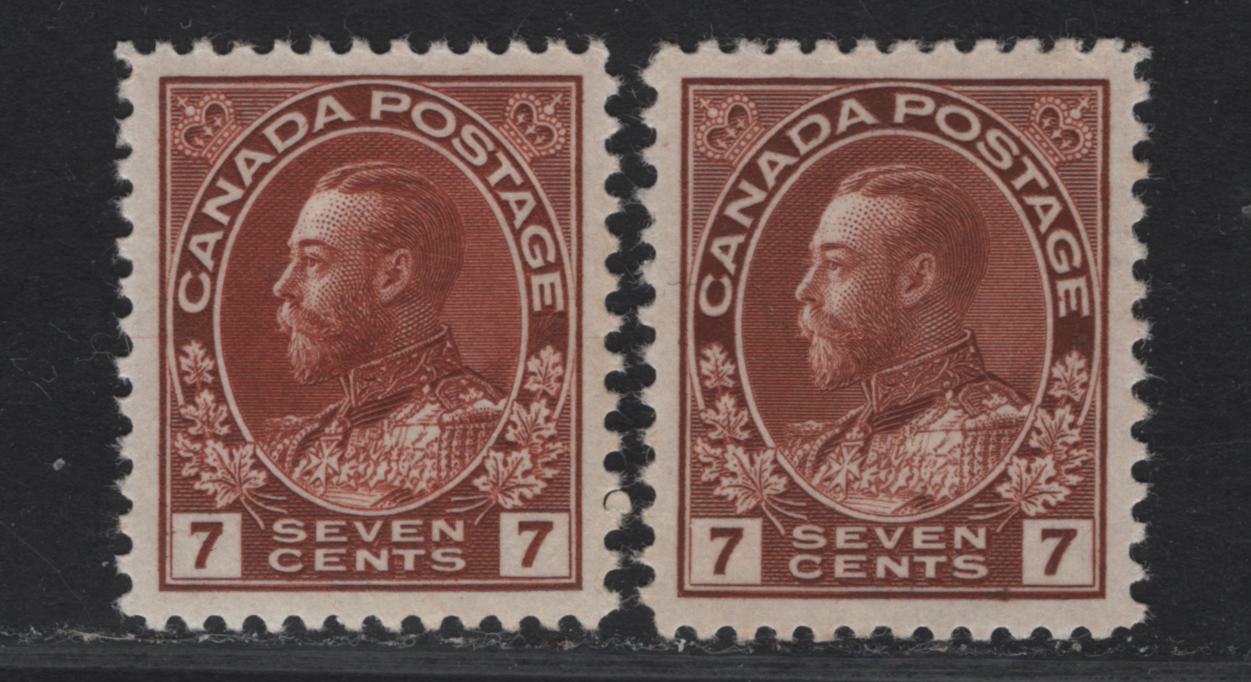 Lot 208 (C) Canada #114, 114b 7c Lake Brown - Red Brown King George V, 1911-1925 Admiral - War Tax Issues, 2 VFOG Singles, Wet & Dry Printings, Paper/Gum Types ABN-E & ABN-G