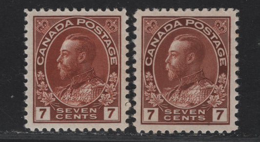 Lot 208 (C) Canada #114, 114b 7c Lake Brown - Red Brown King George V, 1911-1925 Admiral - War Tax Issues, 2 VFOG Singles, Wet & Dry Printings, Paper/Gum Types ABN-E & ABN-G