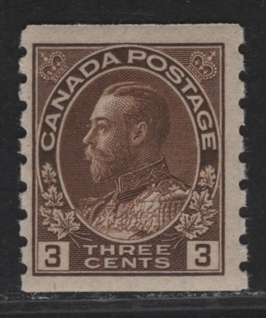 Lot 210 (C) Canada #129 3c Brown King George V, 1912-1924 Admiral Coil Issue, A FNH Coil Single, Wet Printing, Retouched Frameline, Paper/Gum ABN-E.