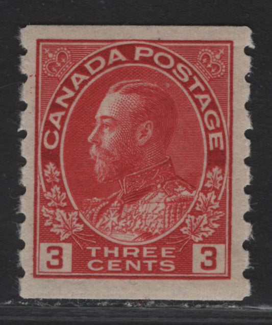 Lot 211 (C) Canada #130 3c Carmine King George V, 1912-1924 Admiral Coil Issue, A VFNH Coil Single, Wet Printing, Perf 8 Vertical, Retouched Frameline, Paper/Gum ABN-D.
