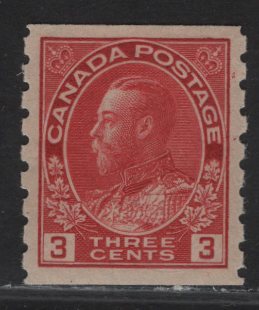 Lot 212 (C) Canada #130var 3c Carmine Red King George V, 1912-1924 Admiral Coil Issue, A VFOG Coil Single, Wet Printing, Perf 8 Vertical, Die 1, Paper/Gum ABN-E.
