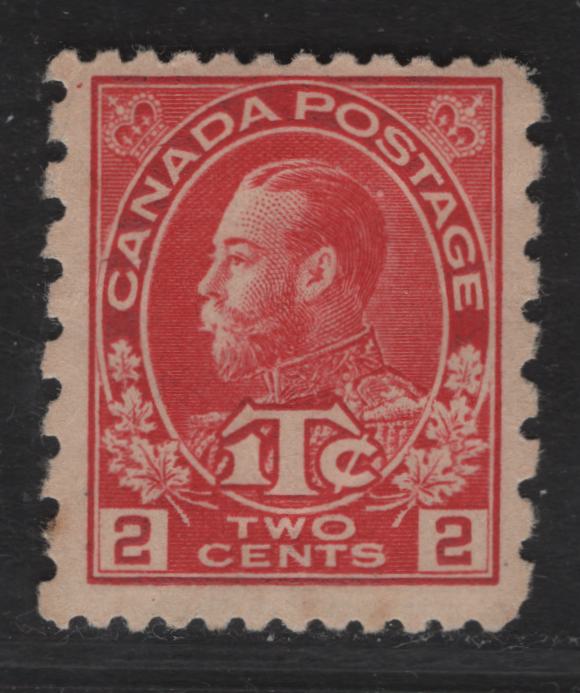Lot 216 (C) Canada #MR5 2c + 1c Carmine King George V, 1915-1916 War Tax Issue, A FOG Single, Perf 12x8, Retouched Frameline, Paper/Gum ABN-E.