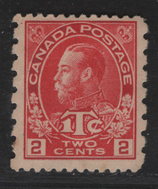 Lot 216 (C) Canada #MR5 2c + 1c Carmine King George V, 1915-1916 War Tax Issue, A FOG Single, Perf 12x8, Retouched Frameline, Paper/Gum ABN-E.