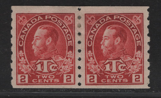 Lot 217 (C) Canada #MR6 2c + 1c Deep Carmine King George V, 1916 War Tax Issue, A VFOG Coil Pair, Perf 8 Vertical, Die 1, Paper/Gum ABN-D.