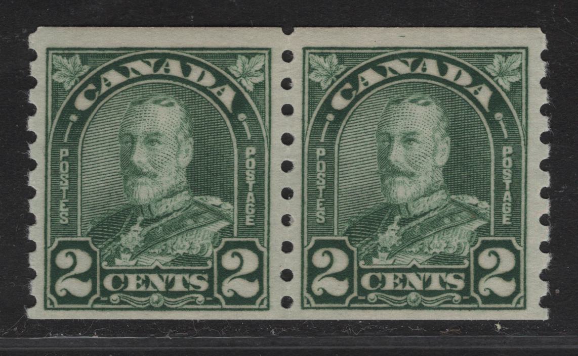 Lot 218 (C) Canada #180 2c Dull Yellow Green King George V, 1930-1931 Arch/Leaf Coil Issue, A VFNH Coil Pair, Perf 8.5 Vertical, Paper/Gum BABN-A