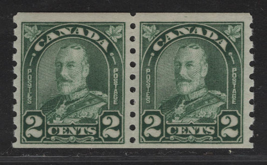 Lot 218 (C) Canada #180 2c Dull Yellow Green King George V, 1930-1931 Arch/Leaf Coil Issue, A VFNH Coil Pair, Perf 8.5 Vertical, Paper/Gum BABN-A