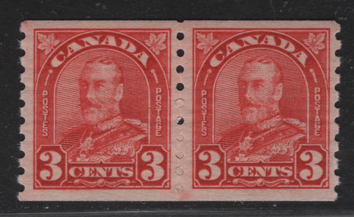 Lot 219 (C) Canada #183 3c Scarlet King George V, 1930-1931 Arch/Leaf Coil Issue, A VFNH Coil Pair, Perf 8.75 Vertical, NH, But Some Offset Disturbance On The Gum.