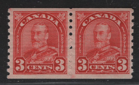 Lot 219 (C) Canada #183 3c Scarlet King George V, 1930-1931 Arch/Leaf Coil Issue, A VFNH Coil Pair, Perf 8.75 Vertical, NH, But Some Offset Disturbance On The Gum.