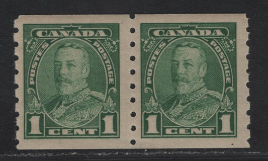 Lot 220 (C) Canada #228 1c Green King George V, 1935 Pictorial Coil Issue, A FNH Coil Pair, Perf 8 vertical, Paper/Gum CBN-DD, Gum Is NH And Has Two Tiny Spots of Ink Offset.
