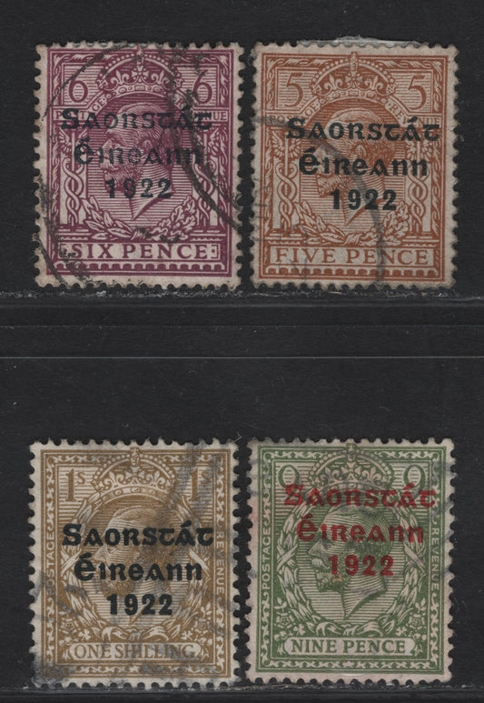 Lot 22 Ireland SG#59-60, 63, 61aa 5d - 1/- Yellow Brown - Bistre Brown King George V, 1922-1923 KGV Profile Heads Issue, 4 Fine/Very Fine Used Singles, Thom Irish Gree State Overprint