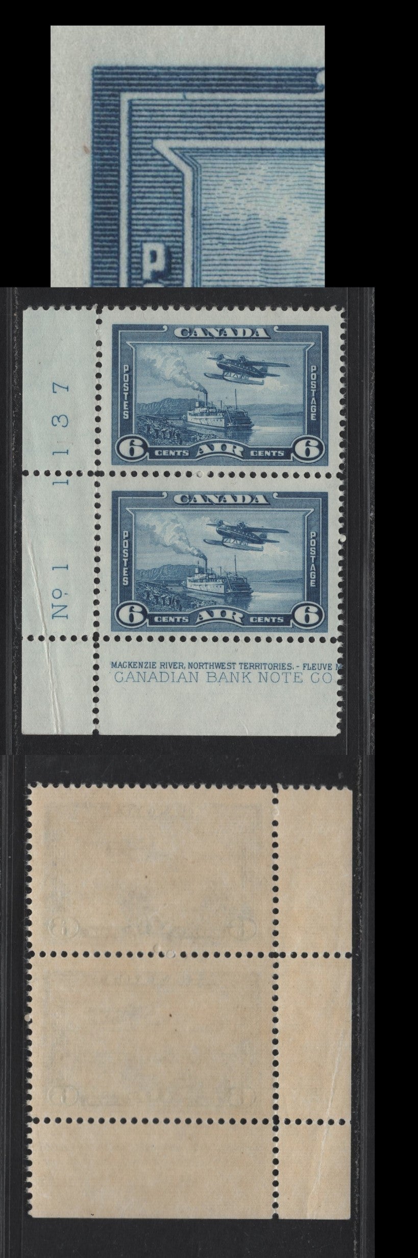 Lot 223 (C) Canada #C6 6c Deep Blue Monoplane Over Mackenzie River, 1938 Airmail Issue, A FNH Pair, Plate 1 LL Corner Pair, CBN-W Paper, Perf 11.9, Showing A Spur Between The Framelines At UL On Pos. 46.