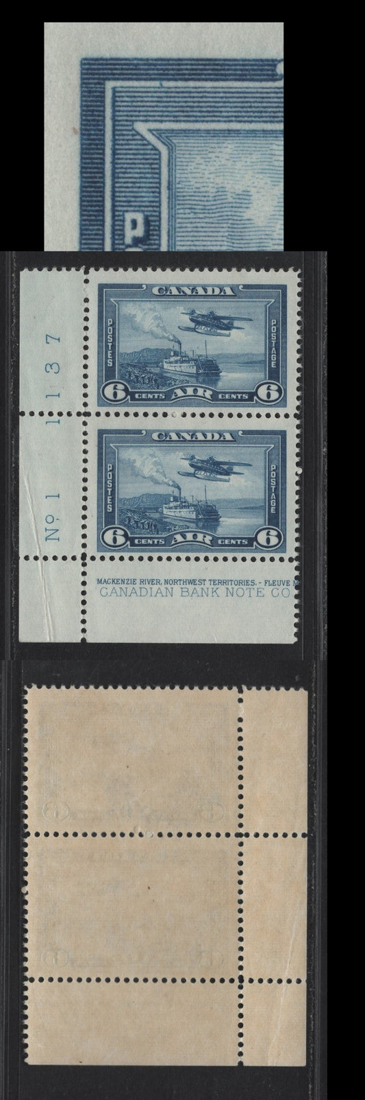 Lot 223 (C) Canada #C6 6c Deep Blue Monoplane Over Mackenzie River, 1938 Airmail Issue, A FNH Pair, Plate 1 LL Corner Pair, CBN-W Paper, Perf 11.9, Showing A Spur Between The Framelines At UL On Pos. 46.