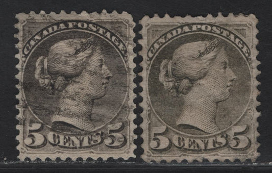 Lot 226 (C) Canada #38a, 42 5c Slate Green - Brownish Gray Queen Victoria, 1870-1897 Small Queen Issue, 2 Fine Used Singles, Mid Montreal & Mid 2nd Ottawa Printings, Paper Types MM-B & 2O-C, Perfs 11.75x12.1 & 12x12.1.