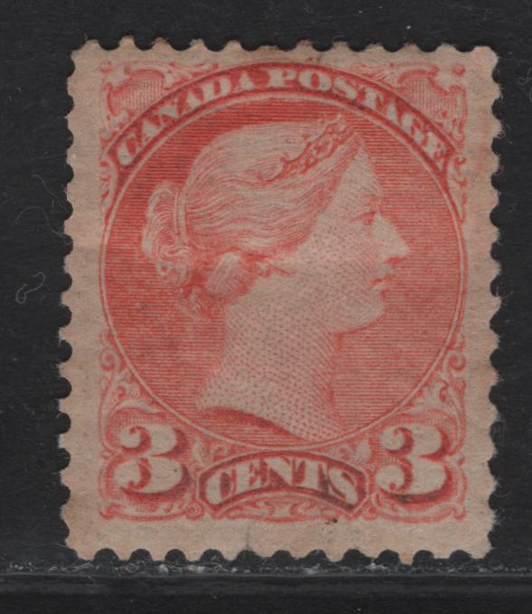 Lot 228 (C) Canada #41 3c Vermillion Queen Victoria, 1888-1897 Small Queen Issue, A FOG Single, Mid Second Ottawa Printing, Paper 2O-C, Thick Semi Glossy Yellowish Cream Gum, Perf 12.