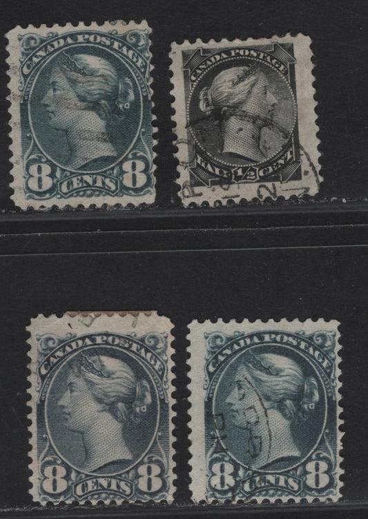 Lot 232 (C) Canada #34, 44b 1/2c - 8c Black - Slate Queen Victoria, 1870-1897 Small Queen Issue, 4 Fine Used Singles, Early Second Ottawa Printings, Papers 2O-F & 2O-II, Perfs 12x12.1, 12x12.2 & 12x12.15.