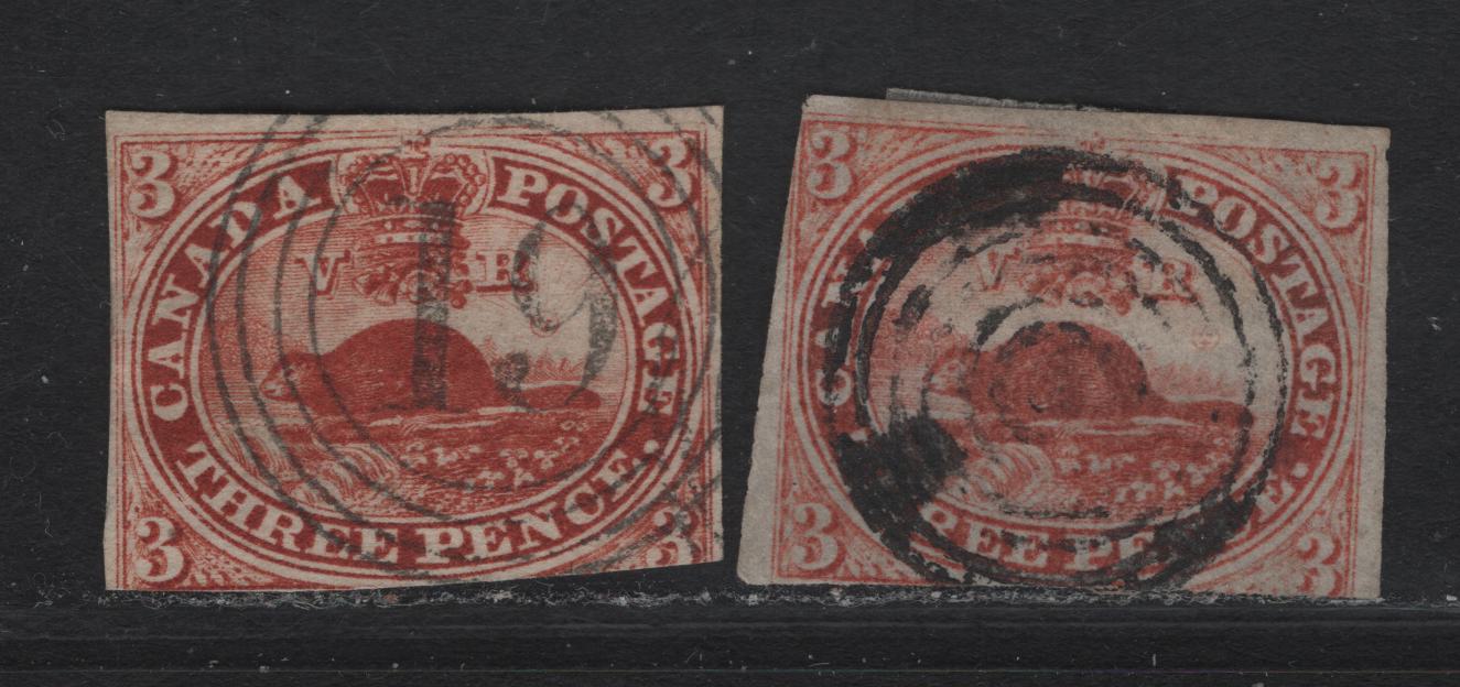 Lot 234 (C) Canada SC#1a, 4a 3d Orange Red & Brown Red Beaver, 1851-1857 Pence Issue, 2 Good & Fair Used Singles Laid & Wove Papers, Margins In On the Bottom, #1a Has A Corner Crease, #4a Has #19 London Numeral Cancel