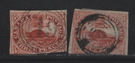 Lot 234 (C) Canada SC#1a, 4a 3d Orange Red & Brown Red Beaver, 1851-1857 Pence Issue, 2 Good & Fair Used Singles Laid & Wove Papers, Margins In On the Bottom, #1a Has A Corner Crease, #4a Has #19 London Numeral Cancel