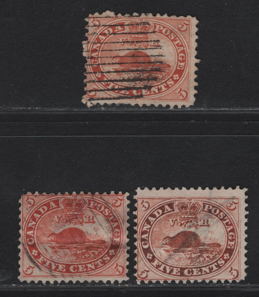 Lot 236 (C) Canada SC#15, 15ii 5c Vermilion, Brownish Vermilion & Orange Red Beaver, 1859-1864 First Cents Issue, 3 VG, Fine & Fair Used Singles Perf 12, 12 x 11.75 and 11.75 On Paper Types Cents-D, Cents-E and Cents-F, Orange Red With Small Thin & Tear