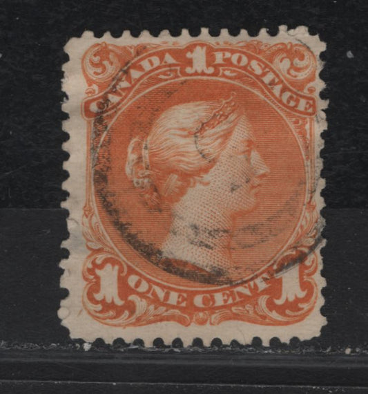 Lot 239 (C) Canada SC#23 1c Yellow Orange Queen Victoria, 1868-1897 Large Queen Issue, A VG Used Single On Paper FO-O (Duckworth Paper 10), Small Thin On Back, #5 Hamilton 2-Ring Cancel
