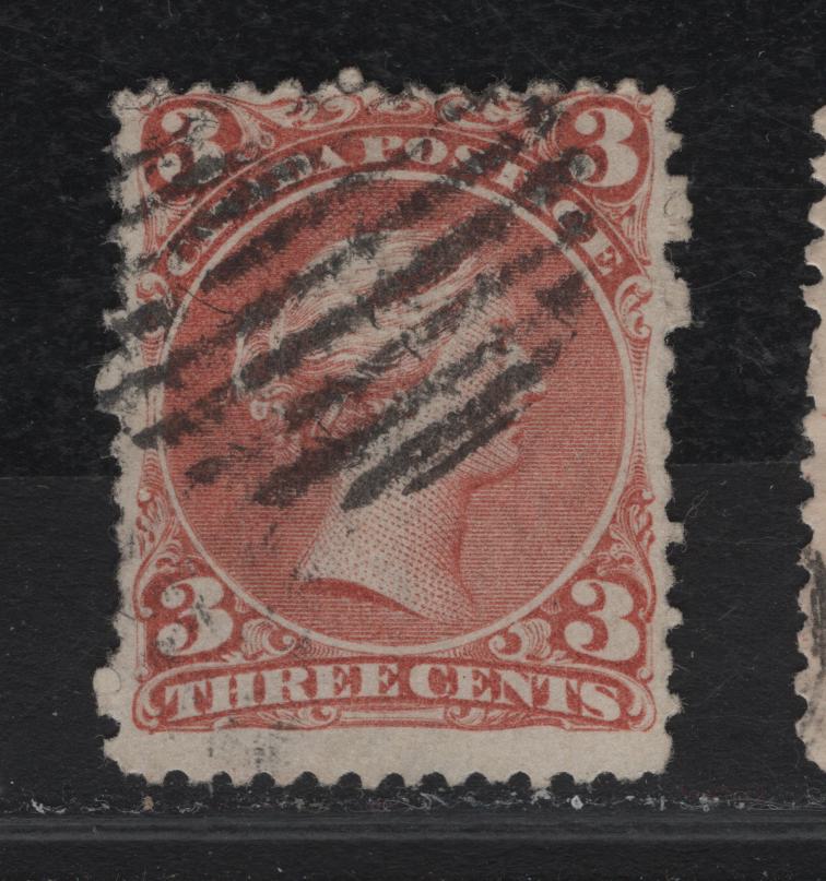 Lot 241 (C) Canada SC#25a 3c Pale Rosy Copper Red Queen Victoria, 1868-1897 Large Queen Issue, A VG Used Single On Paper FO-X (Watermarked Bothwell Paper), Showing Inverted "B" Of Bothwell & Part Of Period