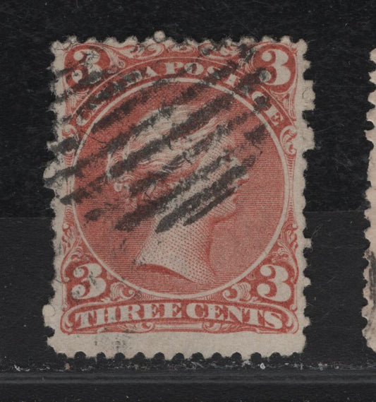Lot 241 (C) Canada SC#25a 3c Pale Rosy Copper Red Queen Victoria, 1868-1897 Large Queen Issue, A VG Used Single On Paper FO-X (Watermarked Bothwell Paper), Showing Inverted "B" Of Bothwell & Part Of Period