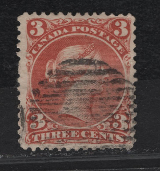Lot 242 (C) Canada SC#25 3c Indian Red Queen Victoria, 1868-1897 Large Queen Issue, A VG Used Single On Paper FO-M (Duckworth Paper 4)