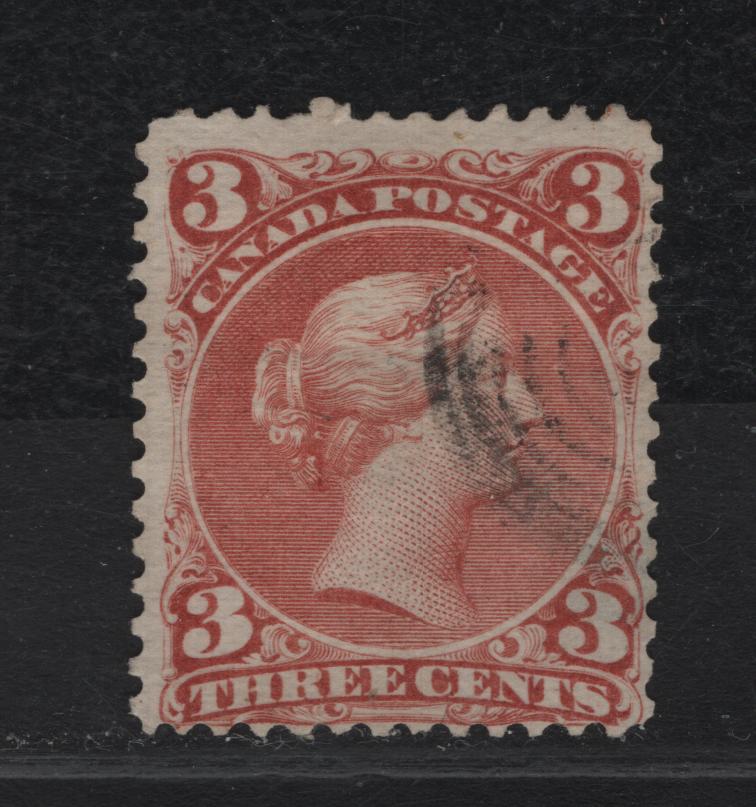 Lot 243 (C) Canada SC#25 3c Red Queen Victoria, 1868-1897 Large Queen Issue, A VG Used Single On Paper FO-O (Duckworth Paper 10)