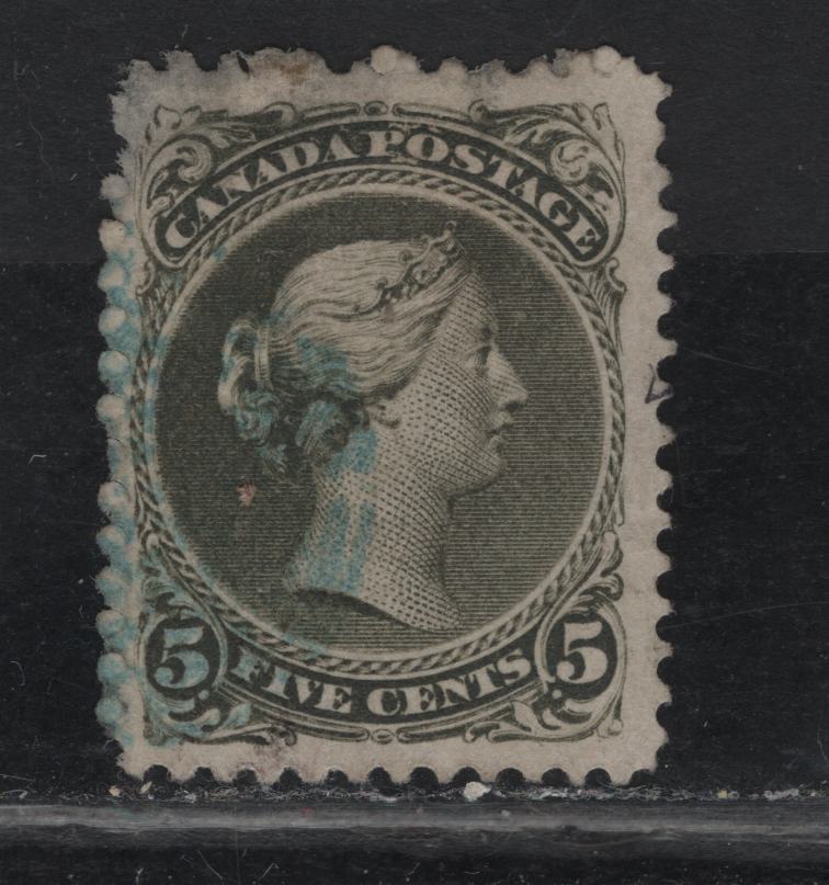 Lot 244 (C) Canada SC#26iv 5c Olive Green Queen Victoria, 1868-1897 Large Queen Issue, A VG Used Single On Paper MM-F, Perf. 11.75 x 12.1, Some Thinning At Upper Left