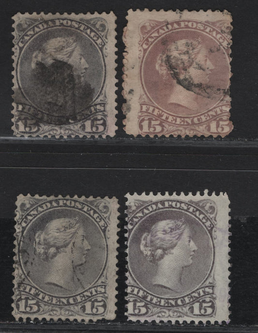 Lot 247 (C) Canada SC#29a, 30, 30i 15c Pale Lilac, Purple Grey, Slate Grey & Deep Slate Grey Queen Victoria, 1868-1897 Large Queen Issue, 4 Fair & VG Used Singles On Papers FO-M and SO-JJ, Perf. 11.75 x 12 and 12, #29a Has Faults
