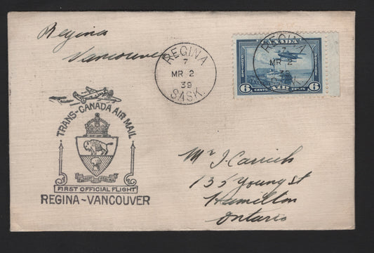 Lot 252 Canada #C6 6c Dull Blue On 1939 First Flight Cover For The Regina-Vancouver Flight, Crisp SON March 2, 1939 Regina CDS Cancel