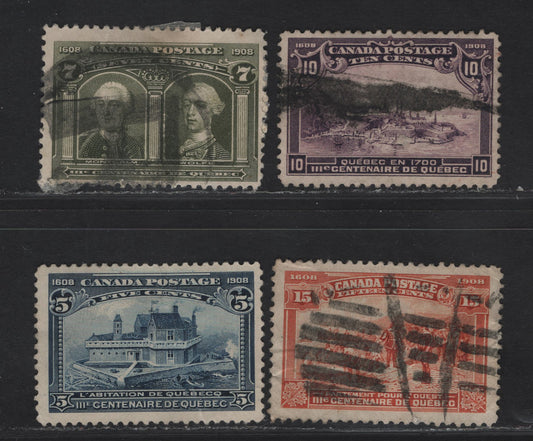Lot 261 (C) Canada SC#99-102 5c-15c Dark Blue - Orange Champlain's Habitation - Champlain's Departure, 1908 Quebec Tercentenary, 4 Good & Fine Used Singles On Paper ABN-B, 5c With Deep Diagonal Crease & 15c With Light Wrinkles