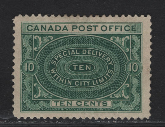Lot 262 (C) Canada SC#E1 10c Bluish green Numerals On Engine Turned Pattern, 1898-1922 First Special Delivery Issue, A Fine OG Single On Paper/Gum Type ABN-S, Tiny Thin At Top, But Jumbo Margins