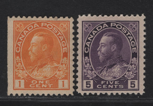 Lot 263 (C) Canada #105, 112 1c Orange Yellow, 5c Deep Rose Lilac , 1911-1925 King George V Admiral Issue, 2 FOG Singles 1c Wet Printing On Paper/Gum ABN-E, With Weakly Retouched Frameline, 5c Wet Printing On Type ABN-D With Normal Frameline