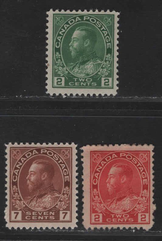 Lot 264 (C) Canada #106c, 107iv, 114 2c Rose Carmine ABN-B, 2c Yellow ABN-I, 7c Red Brown ABN-M 3, FOG & Part OG King George V Admiral Issue, 3 FOG Singles With Retouched Frameline, Redrawn And Normal