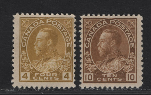 Lot 266 (C) Canada #110d, 118 4c Yellow Bistre & 10c Bistre Brown, 1911-1925 King George V Admiral Issue, 2 FOG Singles Dry Printings On Paper /Gum Type ABN-M. 4c Has Redrawn Frameline While 10c Has Normal