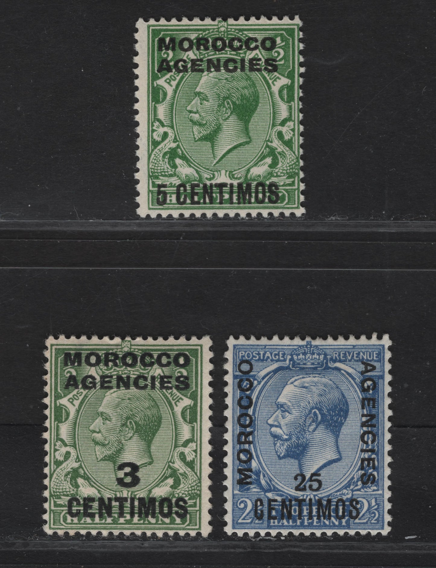 Lot 27 Morocco Agencies Spanish Currency SG#128, 133, 143 3c on 1/2d - 5c on 1/2d Green King George V, 1914-1931 KGV Profile Heads Issue, 3 F/VFOG Singles, Royal Cypher & Block Cypher Wmks