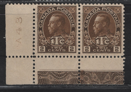 Lot 271 (C) Canada #MR4 2c+1c Deep Yellowish Brown, 1915-1916 War Tax Stamps Issue, A VFOG Lower Left Corner Margin Pair Die 2 Printing, Plate A43 With Type D Lathework And Retouched Frameline On Paper/Gum Type ABN-C