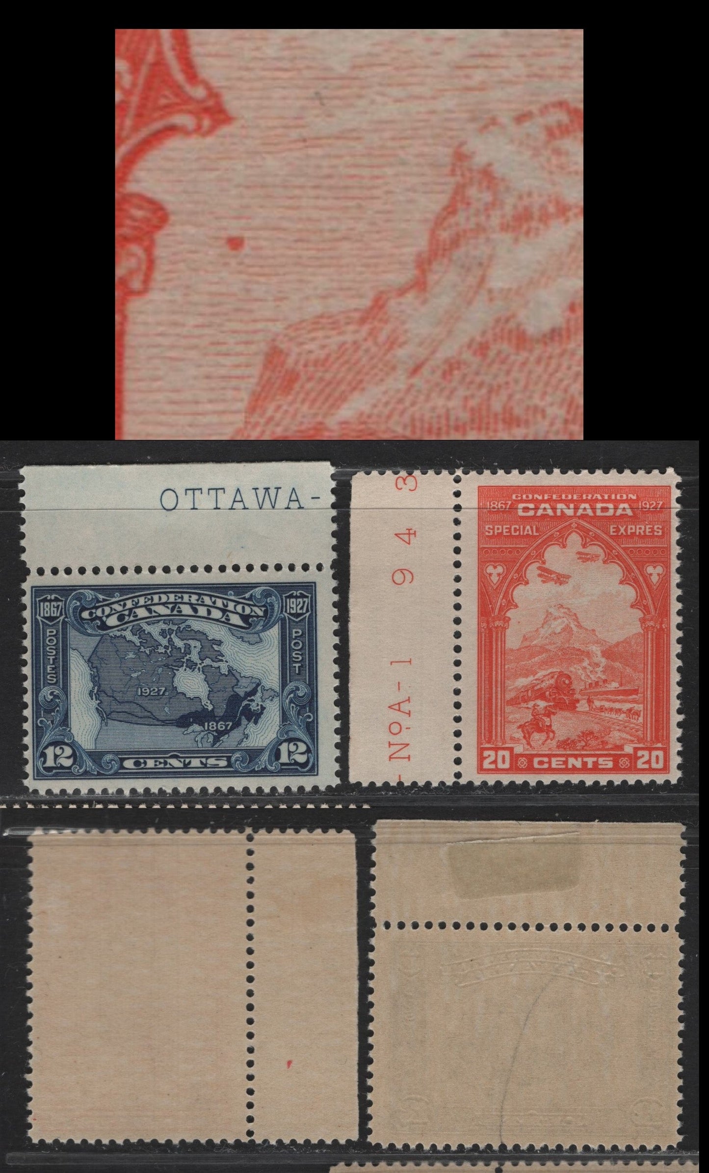 Lot 274 (C) Canada #145, E3var 12c Dark Blue, 20c Orange, 1927 Confederation & Special Delivery Issues, 2 FNH Singles 12c On ABN-M And 20c On ABN-Q. 20c With Newly Discovered " Bird In The Sky" Plate Flaw. First One Found On E3.