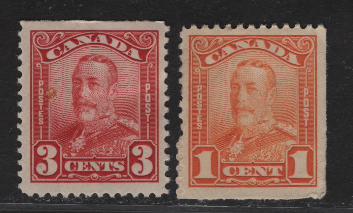 Lot 276 (C) Canada #149, 151 1c Dull Orange & 3c Bright Carmine Red, 1928-1929 King George V Scroll Issue, 2 VFOG Singles Sheet Margin Singles On Paper/Gum Type ABN-M