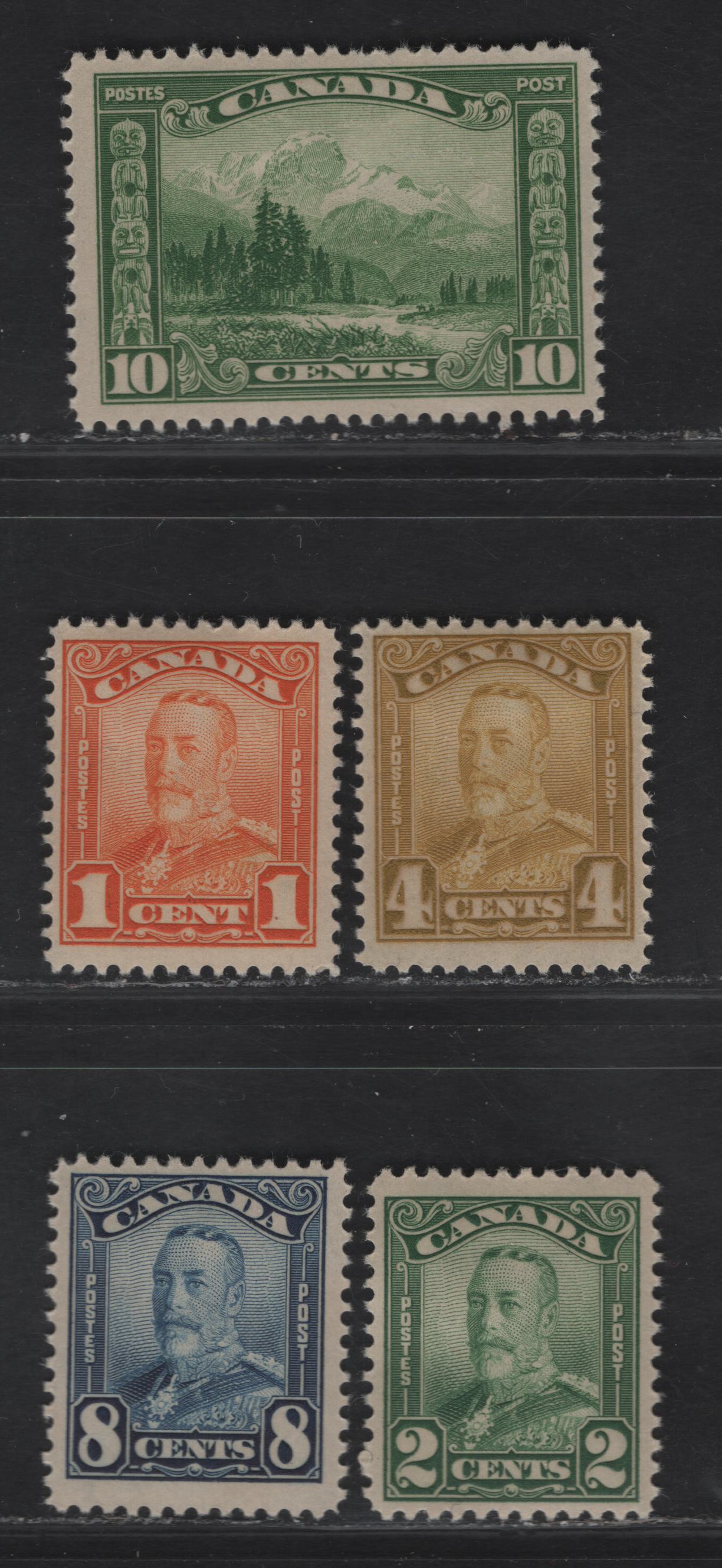 Lot 278 (C) Canada SC#149-150, 152, 154-155 1c-19c Orange, Green, Yellow Bistre, Dark Blue, Deep Yellow Green King George V & Mt. Hurd, 1928-1930 Scroll Issue, 5 Fine OG Singles On Paper/Gum Type ABN-M