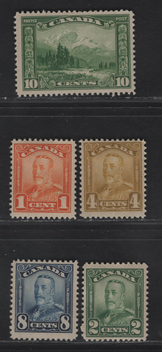 Lot 278 (C) Canada SC#149-150, 152, 154-155 1c-19c Orange, Green, Yellow Bistre, Dark Blue, Deep Yellow Green King George V & Mt. Hurd, 1928-1930 Scroll Issue, 5 Fine OG Singles On Paper/Gum Type ABN-M