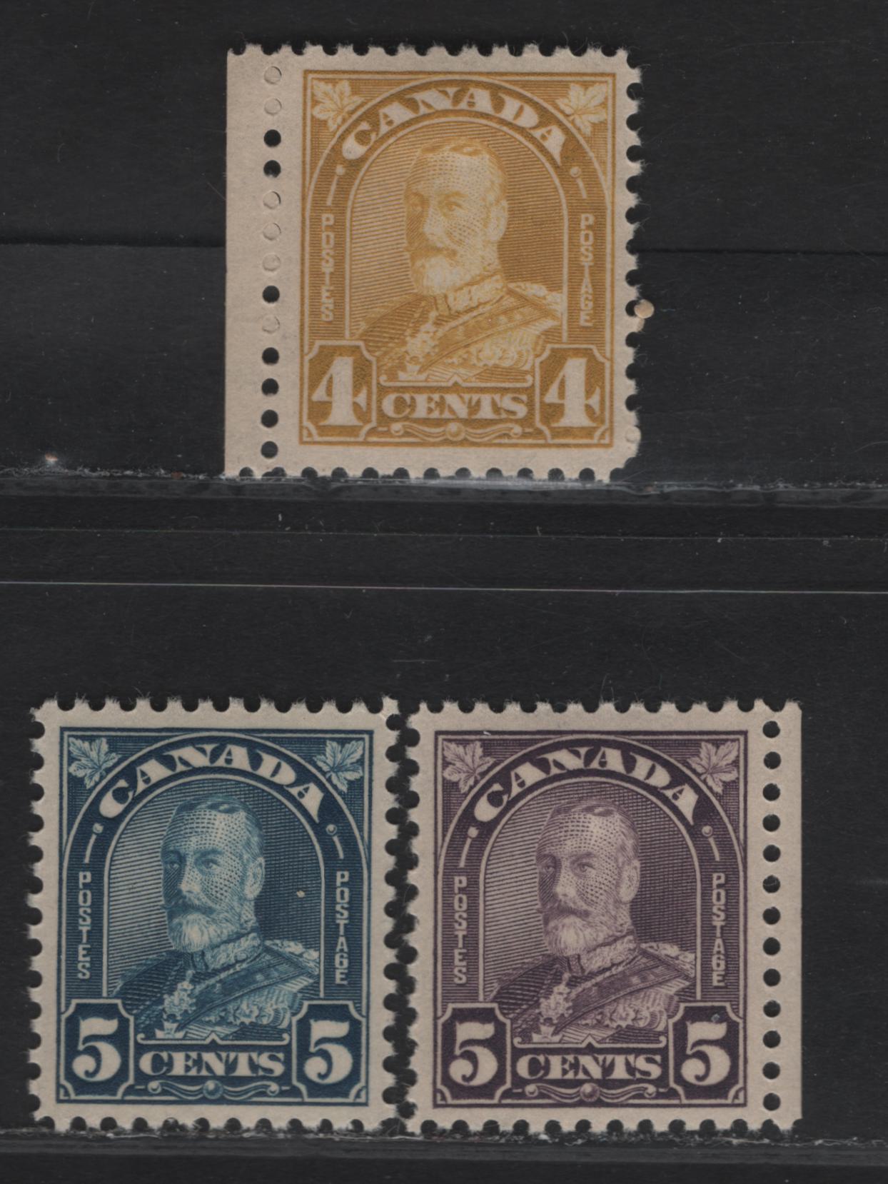 Lot 282 (C) Canada #168, 169A, 170 4c Yellow Bistre Perf 10.8 On Paper BABN-B, 5c Milky Violet Perf 10.8 On BABN-B, 5c Blue Perf 10.75x10.8 On Type BABN-B ,1930-1931 King George V Arch/Leaf Issue, 3 VFOG Singles