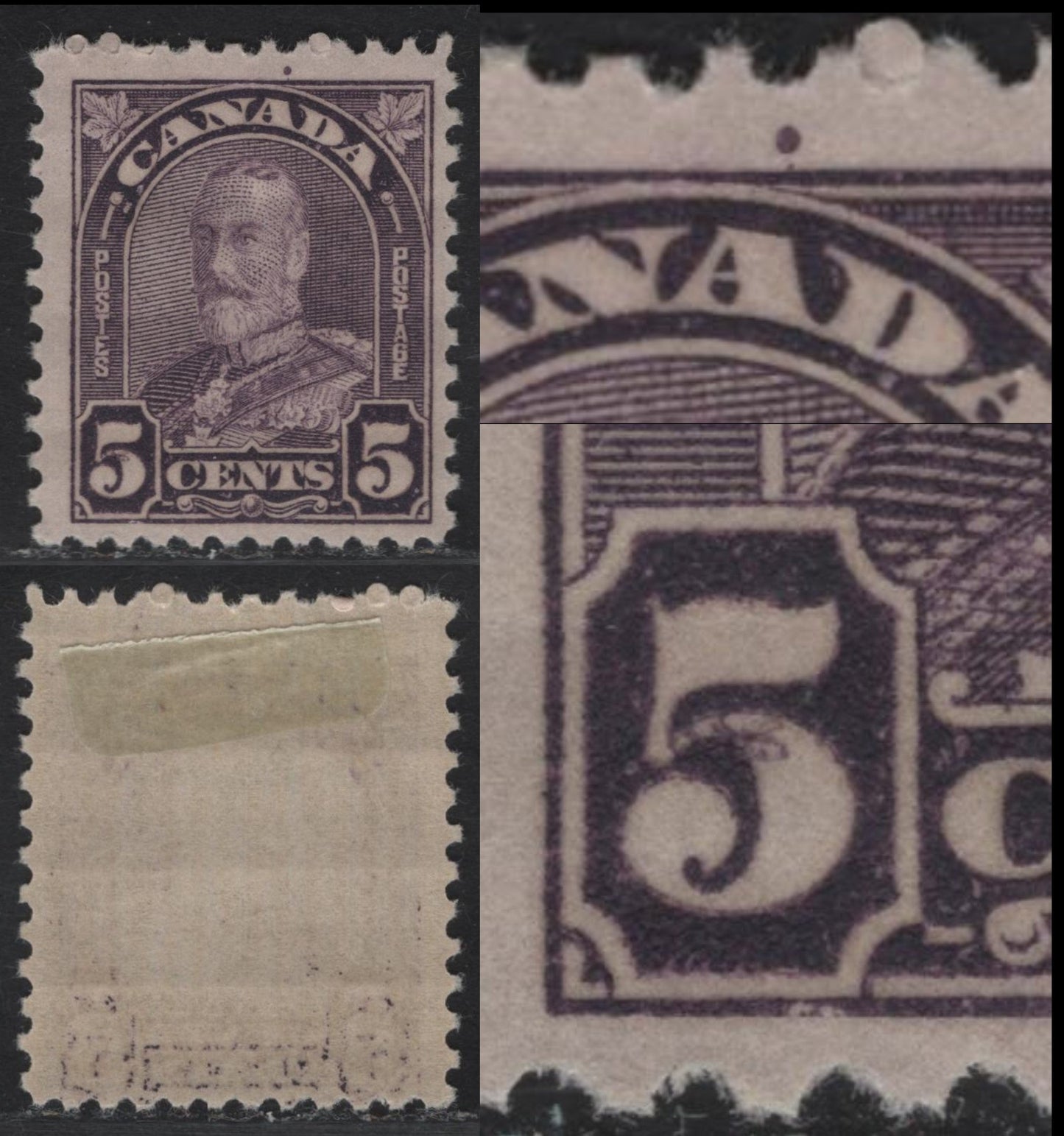 Lot 283 (C) Canada #169var 5c Milky Violet,1930-1931 King George V Arch/Leaf Issue, 1 FOG Single Rotary Press Printing On Paper/Gum Type BABN-E, Perf 11x10.9, Showing Two Unlisted Varieties