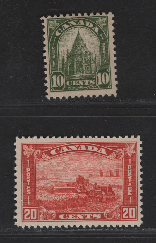 Lot 284 (C) Canada #173 10c Greyish Olive Green, Perf 10.8x10.9, On Type BABN-B & 20c Dull Vermilion,Perf 10.8x11.75 On Paper/Gum BABN-F ,1930-1931 King George V Arch/Leaf Issue, 2 FOG Singles